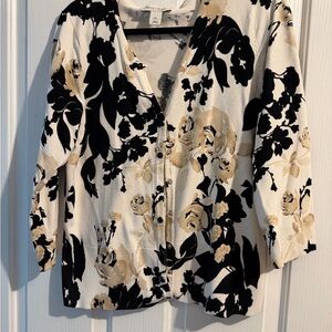 White House Black Market Black and Cream Floral Button Down Shirt